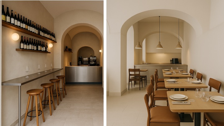Private wine bar with bottle shelves and stools