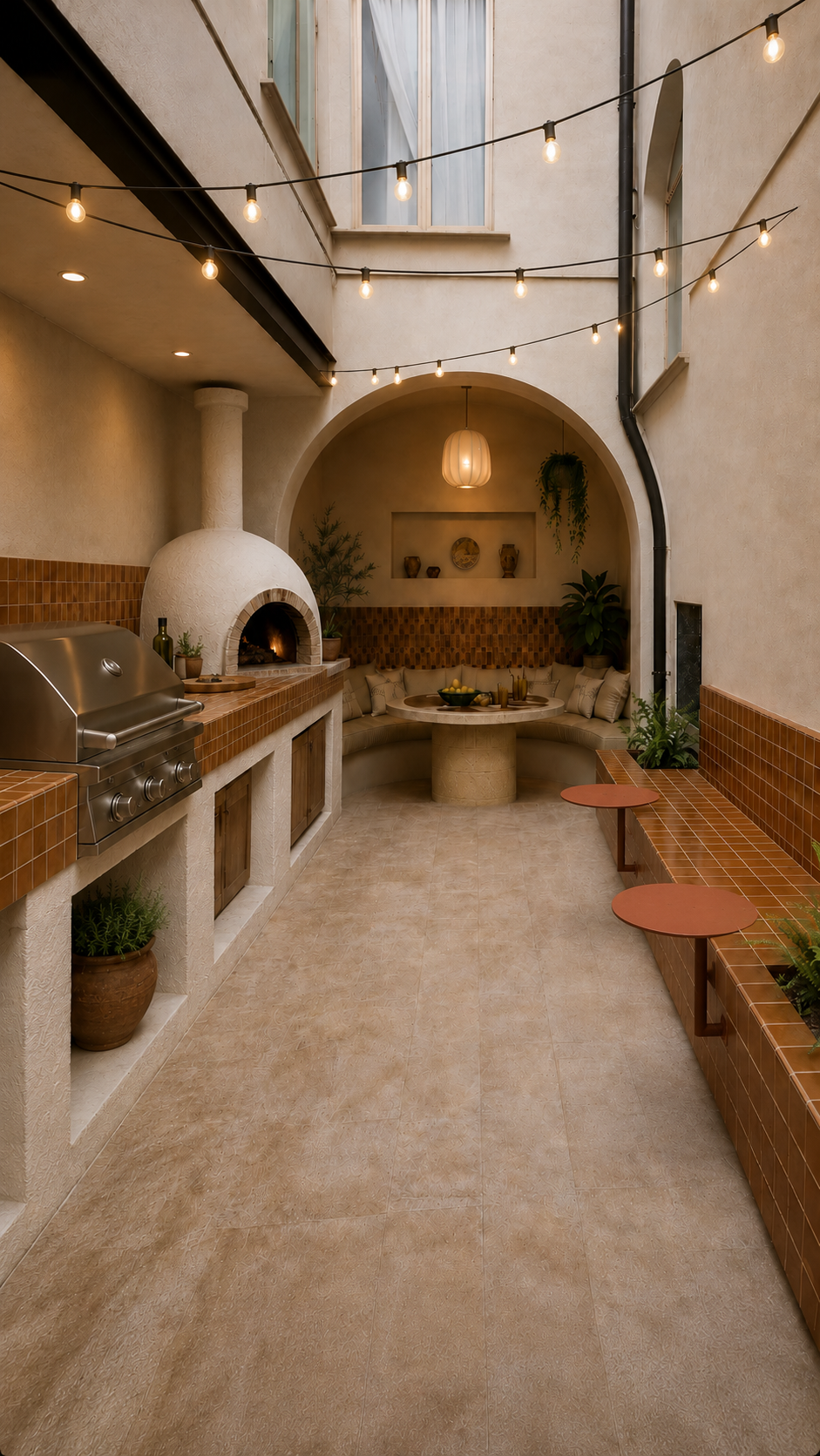Secret courtyard with wood-fired oven, outdoor kitchen and string lights