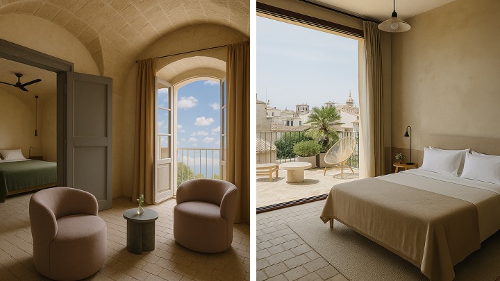 Two apartment interiors with vaulted ceilings and balcony views