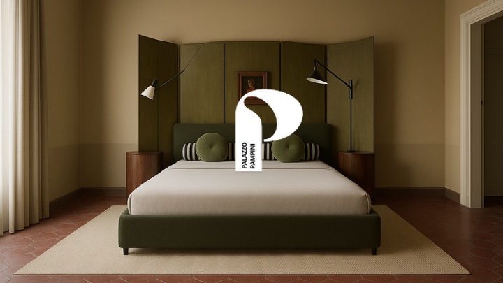 Bedroom with olive green upholstered headboard panels