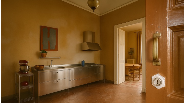 Stainless steel kitchen against ochre walls