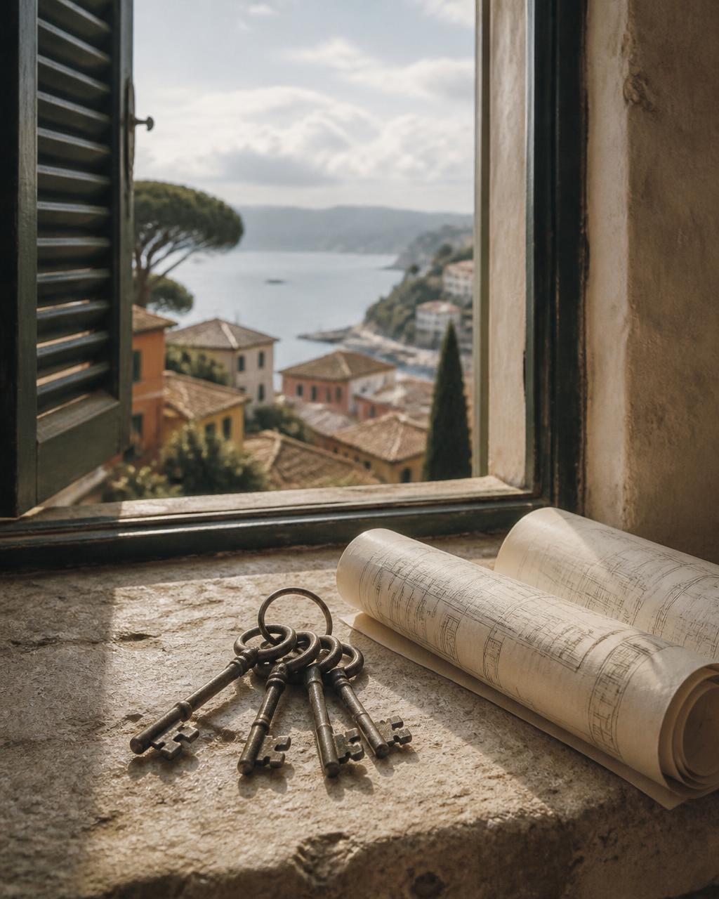 Old iron keys and rolled drawings on a stone windowsill — Bellacasa Journal Issue No. 3 cover
