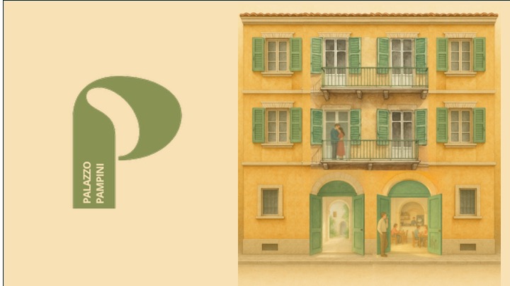 Architectural illustration of the Palazzo Pampani facade with green shutters