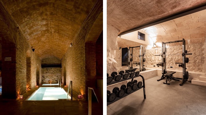 Vaulted stone cellar with plunge pool and gym