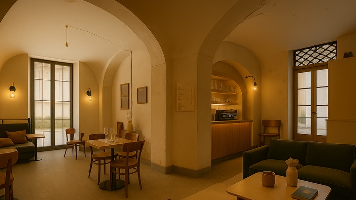 Arched lounge with warm ochre light and café corner