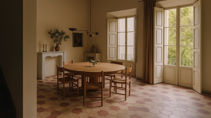 Dining room with round wooden table and patterned terracotta floor