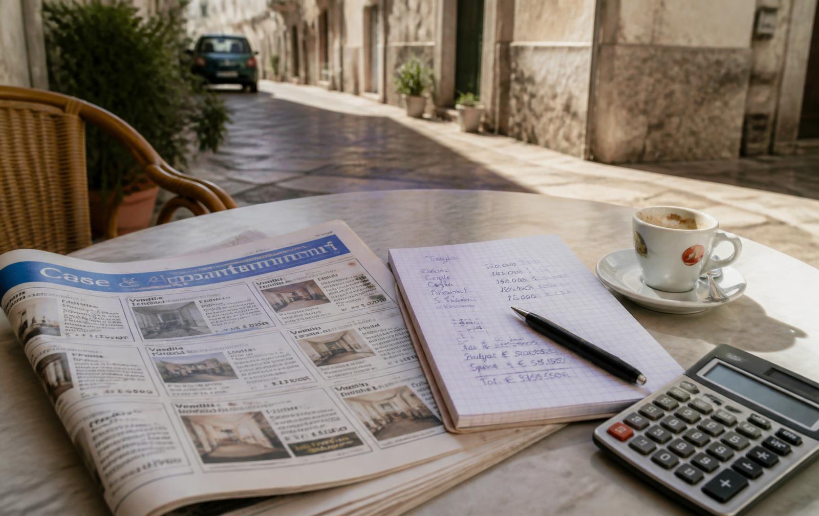 Property listings, a notebook of numbers and an espresso on an Italian café table