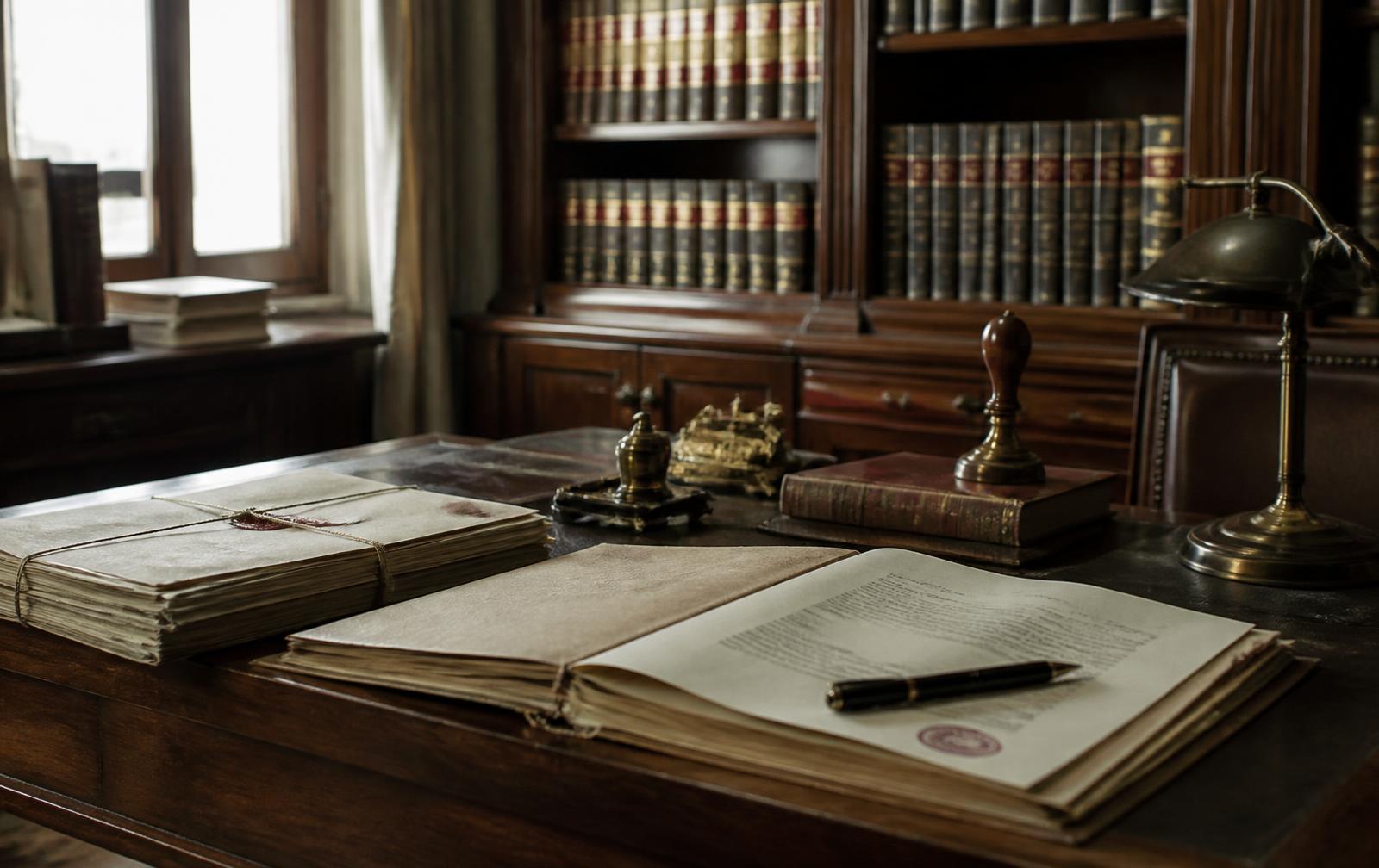 Documents and a seal on the desk of an Italian notary