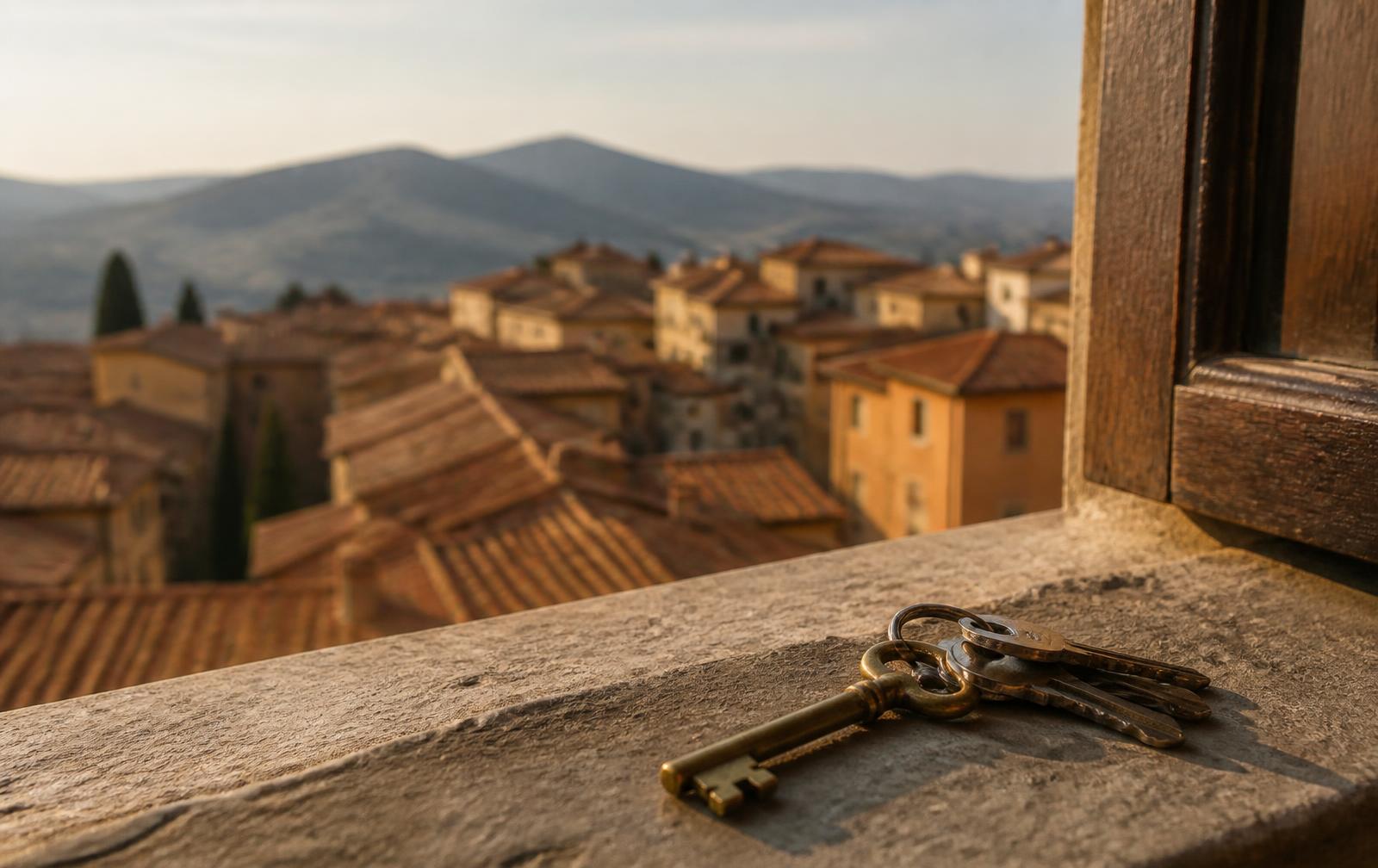 Keys on a stone windowsill above Italian rooftops