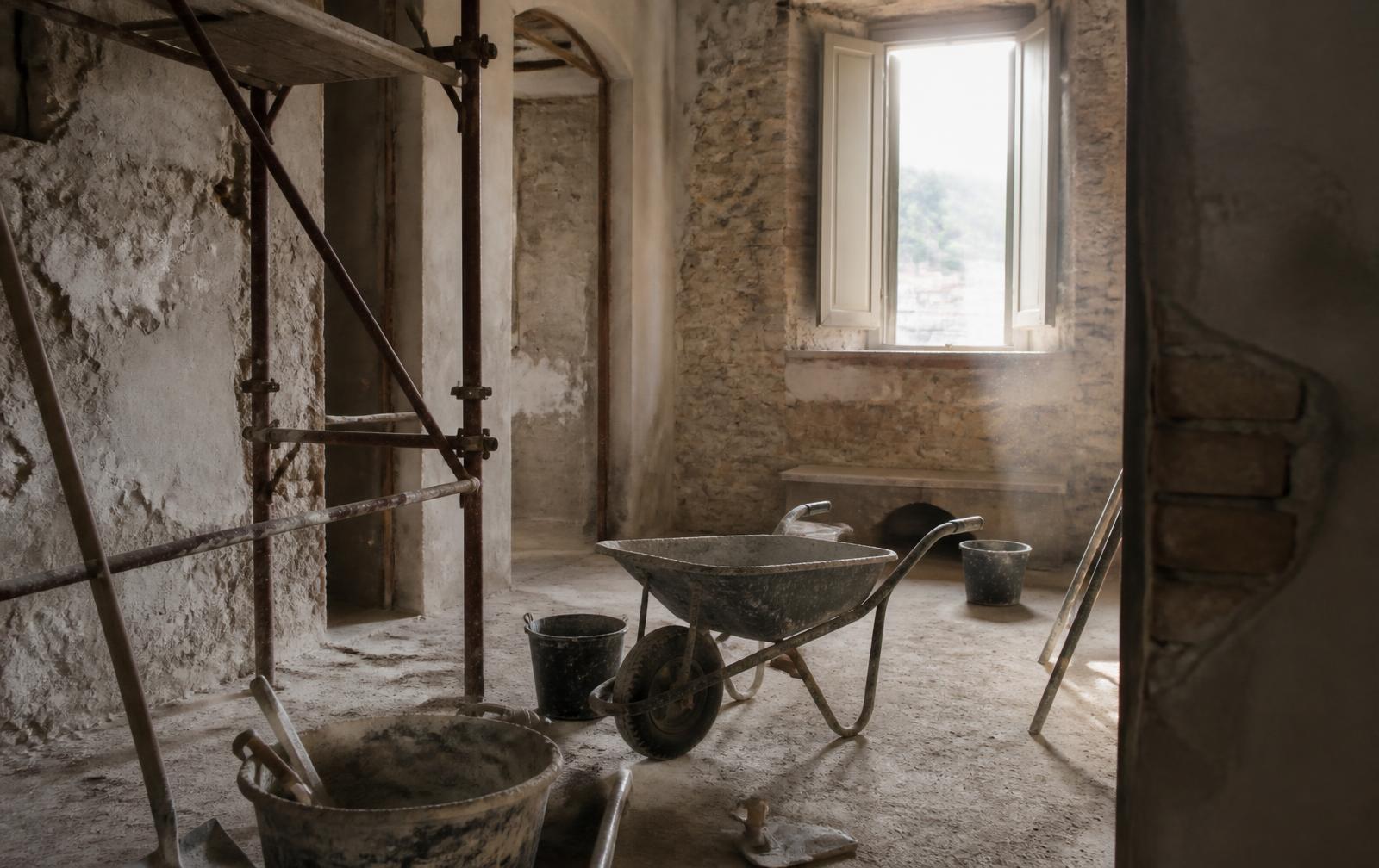 Renovation site inside an old Italian stone house with scaffolding and lime buckets