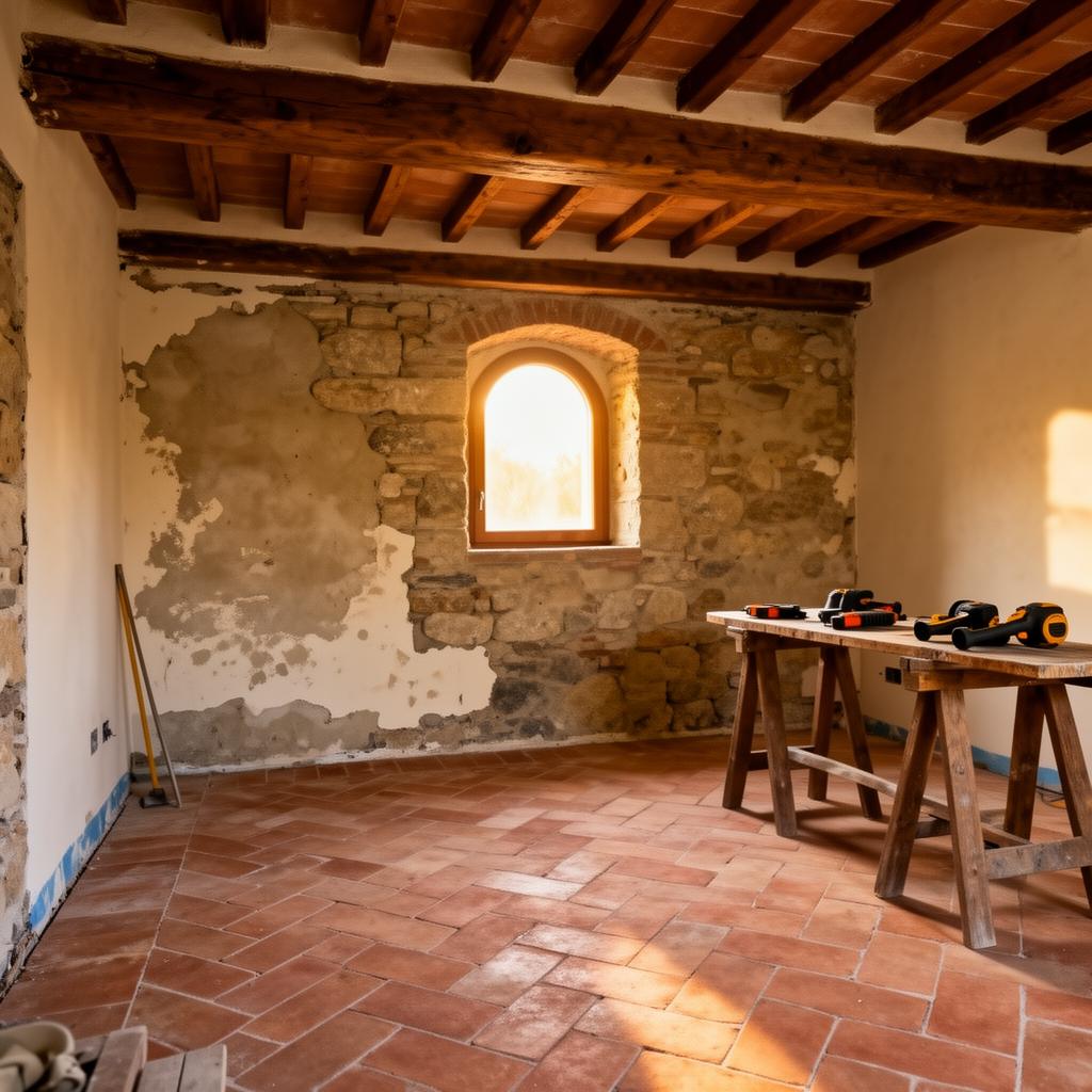 Italian renovation in progress: terracotta floor and stone arch window