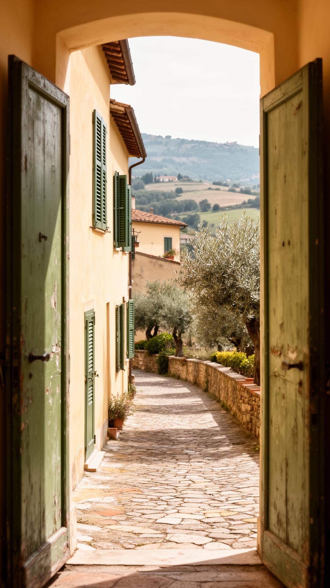 Italian village street viewed through a green-shuttered doorway